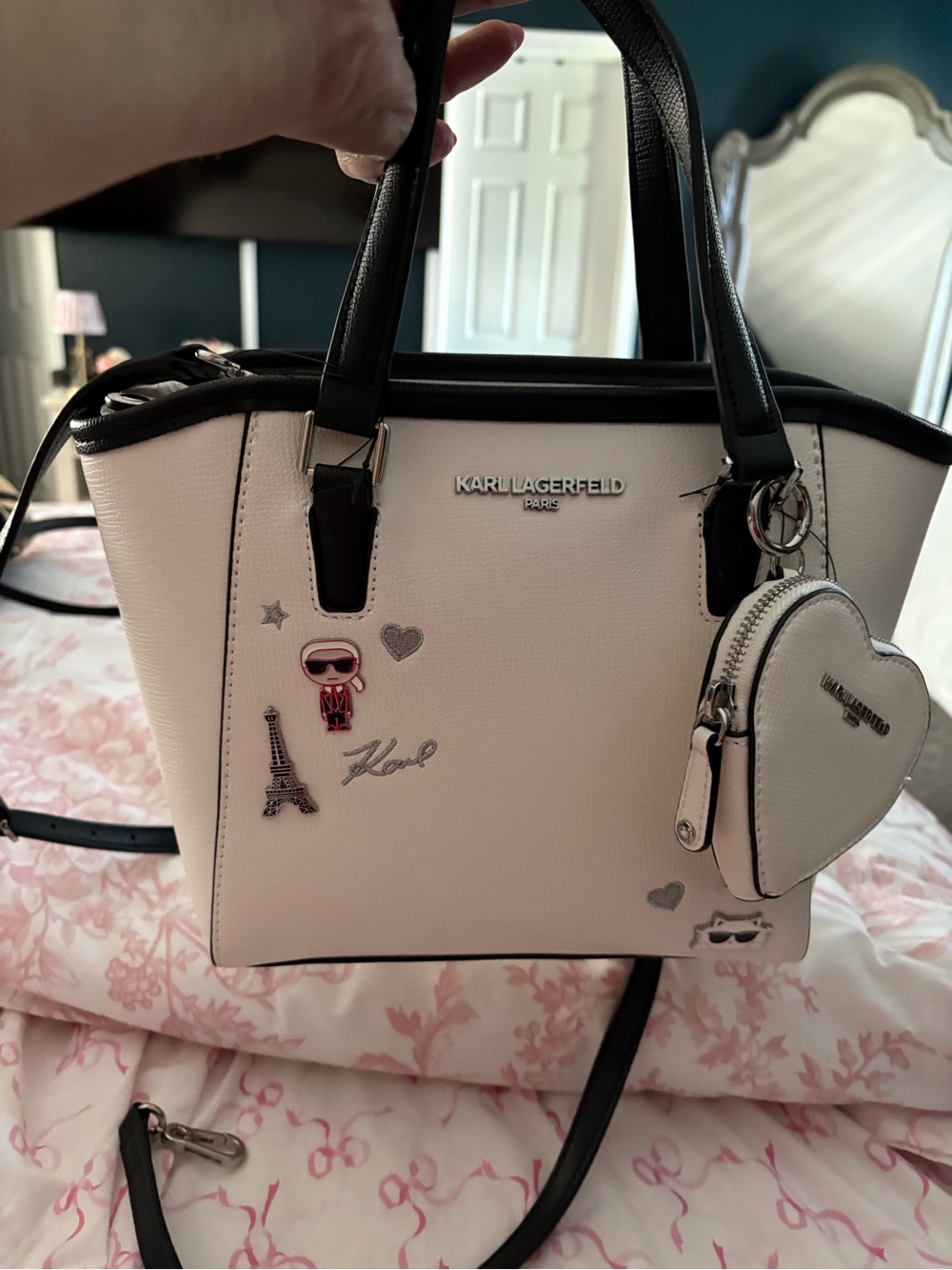Karl Lagerfeld White and Black Satchel with Heart Charm Coin Pouch